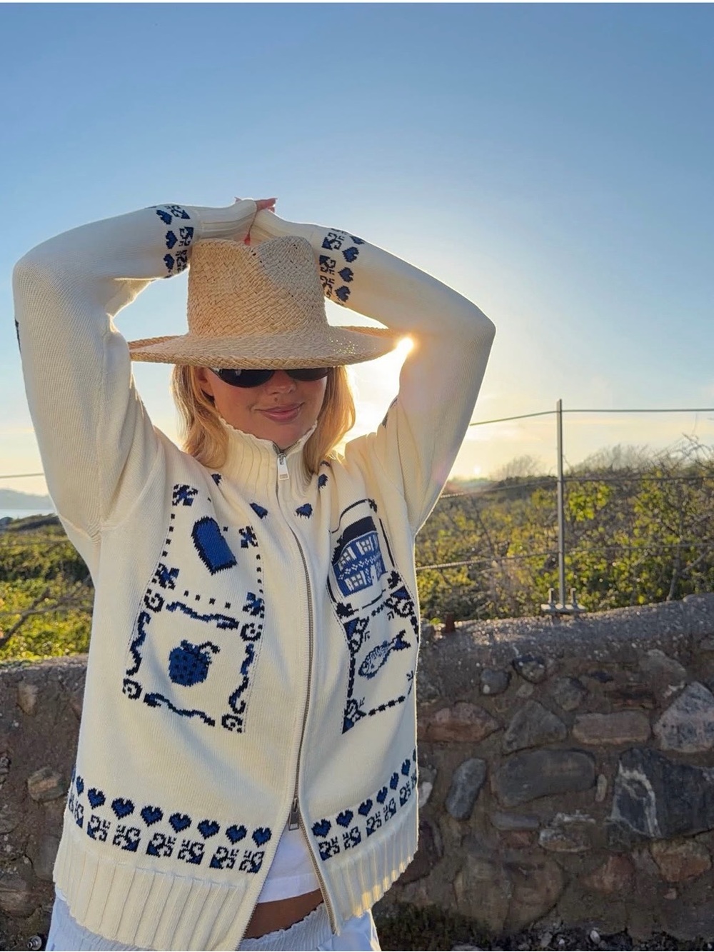 Djerf Avenue Cream Zip-Up Sweater with Blue Heart Motif - Picture 4 of 5